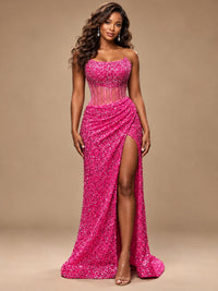 Gold Sequin Strapless Corset Prom Dress with High Slit