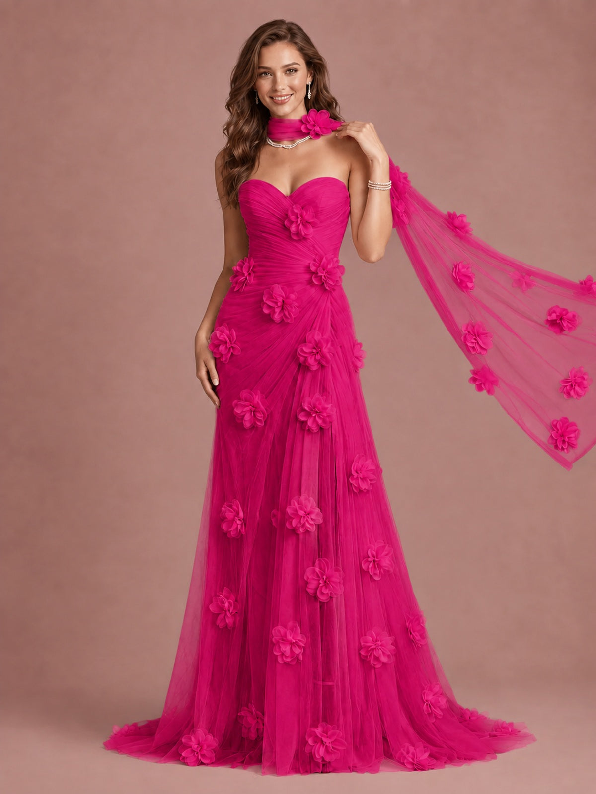 Blush Pink Strapless Sweetheart 3D Floral Tulle Mermaid Prom Dress