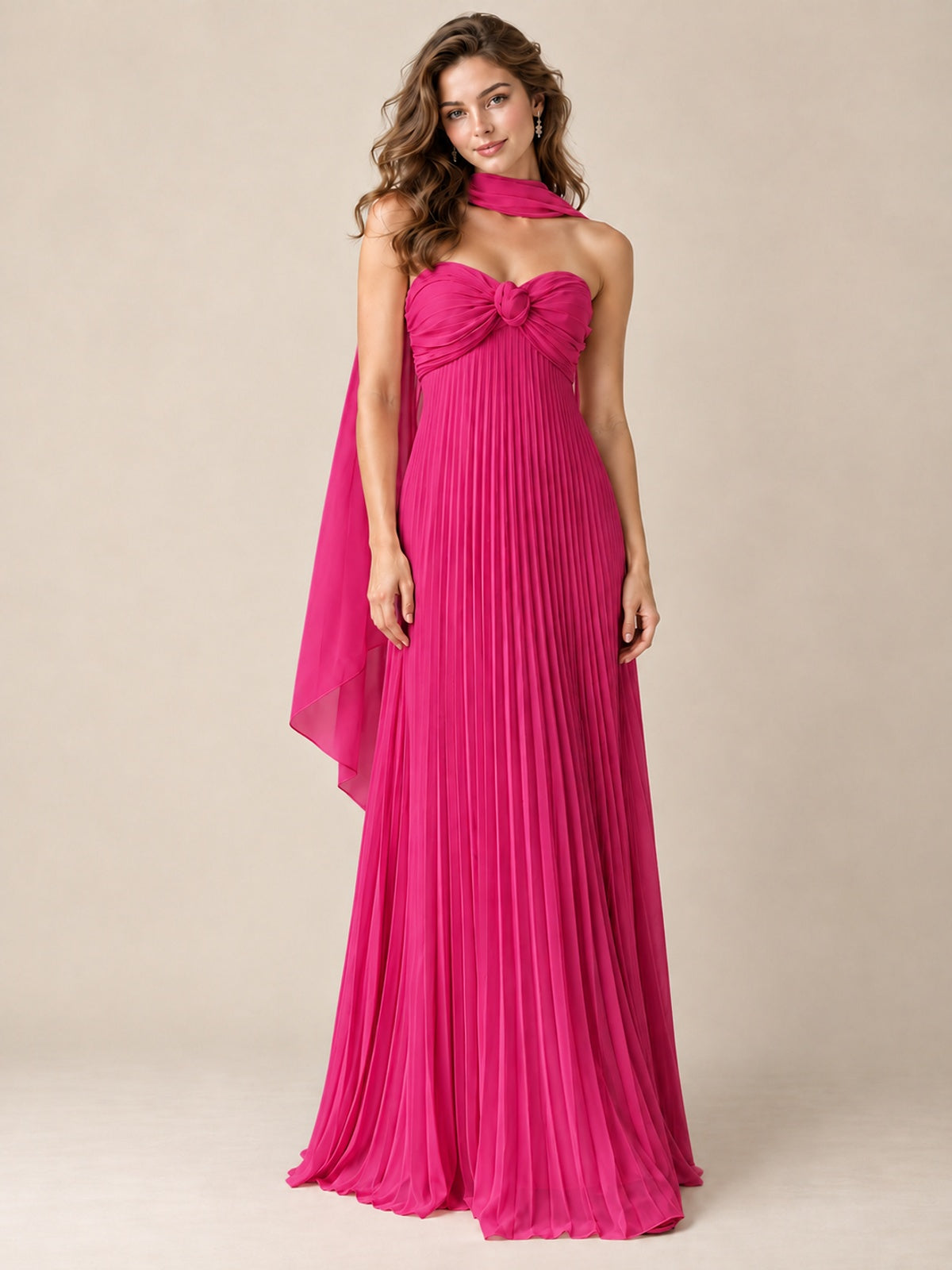 Sweetheart Neckline Pleated Prom Dress Strapless A-line Formal Dress with Flowy Scarf