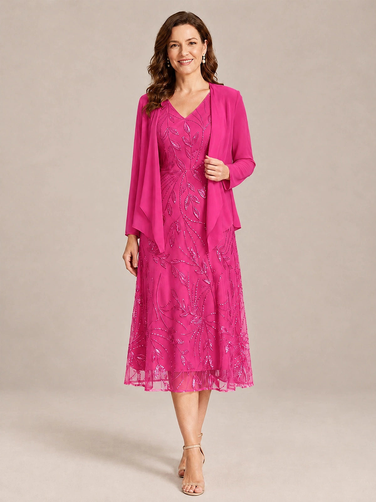 Hot Pink-2 Piece Lace Appliques Chiffon Mother of The Bride Dress with Sequin