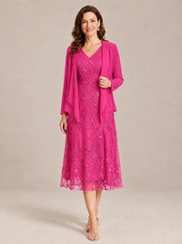 Hot Pink-2 Piece Lace Appliques Chiffon Mother of The Bride Dress with Sequin