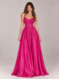 Lace Applique Satin A-Line Prom Dress with Sheer Bodice