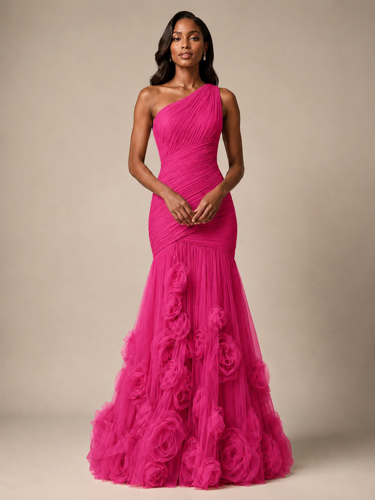 Blush Pink One Shoulder 3D Floral Mermaid Prom Dress