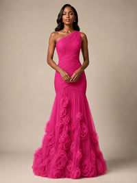 Blush Pink One Shoulder 3D Floral Mermaid Prom Dress