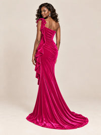 Black Velvet One-Shoulder Mermaid Evening Gown with Bow & Ruffles