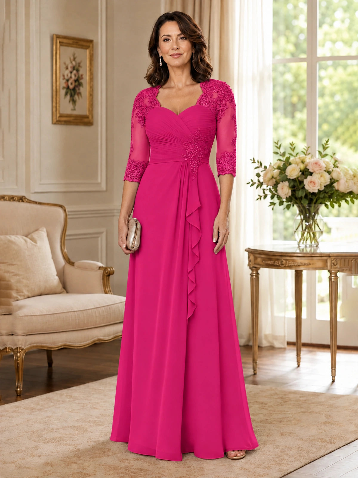 Chiffon Lace Applique Mother of the Bride Dress with 3/4 Sleeves