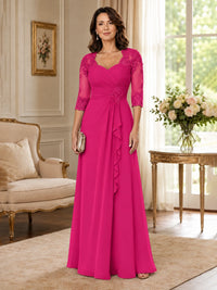 Chiffon Lace Applique Mother of the Bride Dress with 3/4 Sleeves