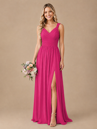 Pleated Chiffon V Neck Wedding Bridesmaid Dresses Floor Length with Slit