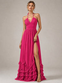 Halter V Neck Chiffon Formal Dress with Lace-Up Back and Ruffle Hem