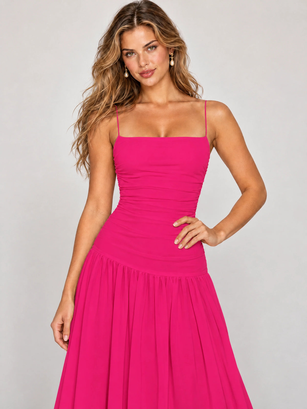 Butter Yellow Ruched Spaghetti Strap Drop-Waist Prom Dress