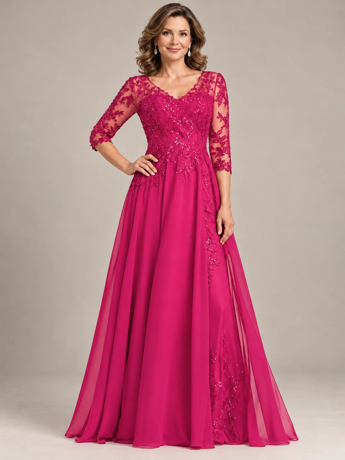 Sequin Lace A-Line Mother of the Bride Dress with 3/4 Sleeves