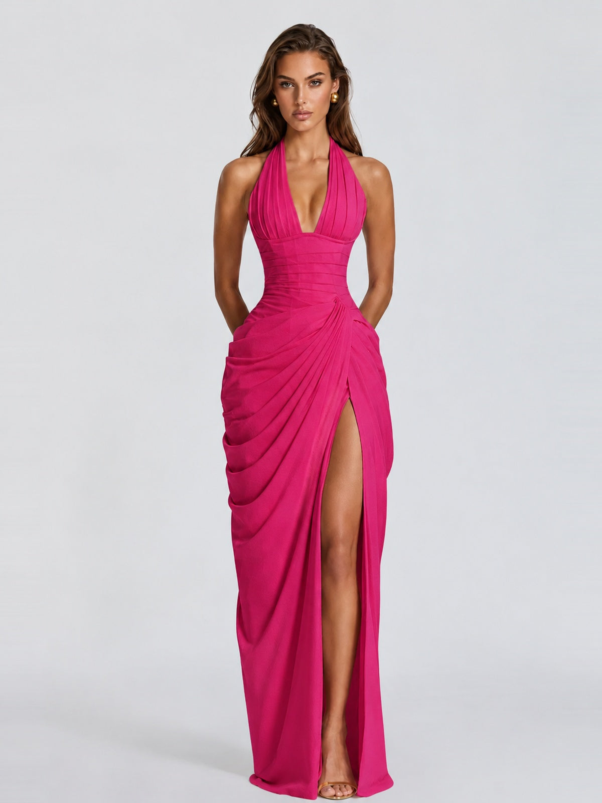 Ruched Halter Neck High-Slit Prom & Evening Dress