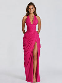 Ruched Halter Neck High-Slit Prom & Evening Dress