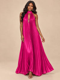 Rust Orange Pleated Halter Neck Maxi Dress