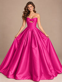 Pink Strapless Corset Satin Prom Derss & Ball Gown with 3D Floral