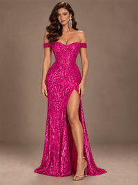 Off the Shoulder Corset Sequin Mermaid Prom Dress with Slit