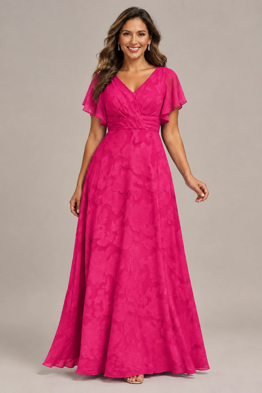 Jovellee Floral Chiffon A-Line Mother of the Bride Dress with Flutter Sleeves