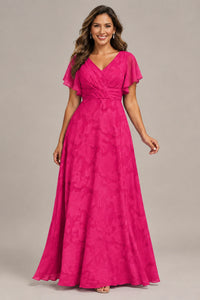 Jovellee Floral Chiffon A-Line Mother of the Bride Dress with Flutter Sleeves