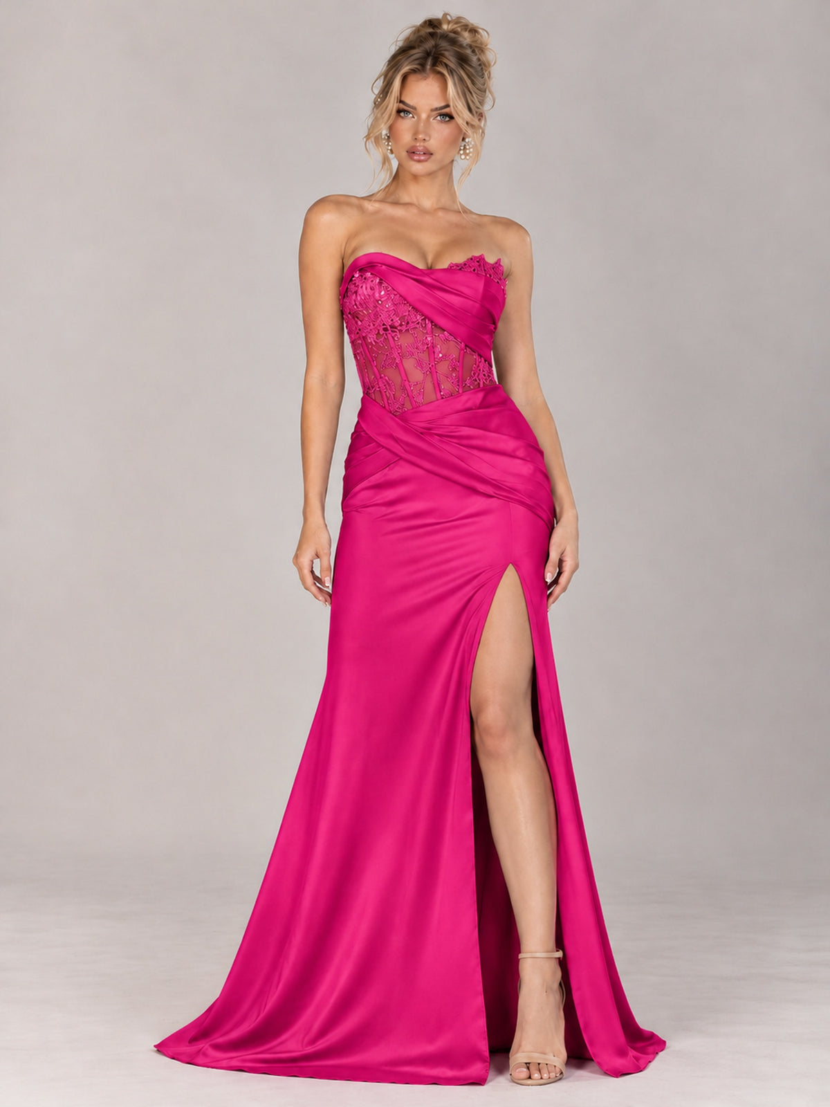 Strapless Satin Prom Dress with Sheer Lace Corset & High Slit