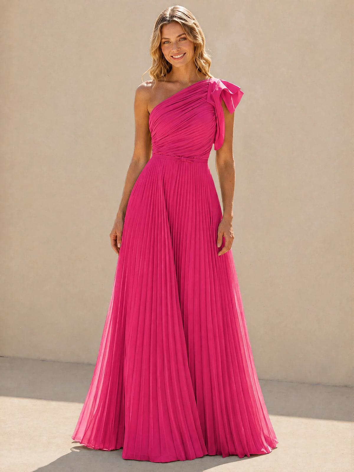 One Shoulder Pleated Chiffon A-Line Floor-Length Bridesmaid Dress