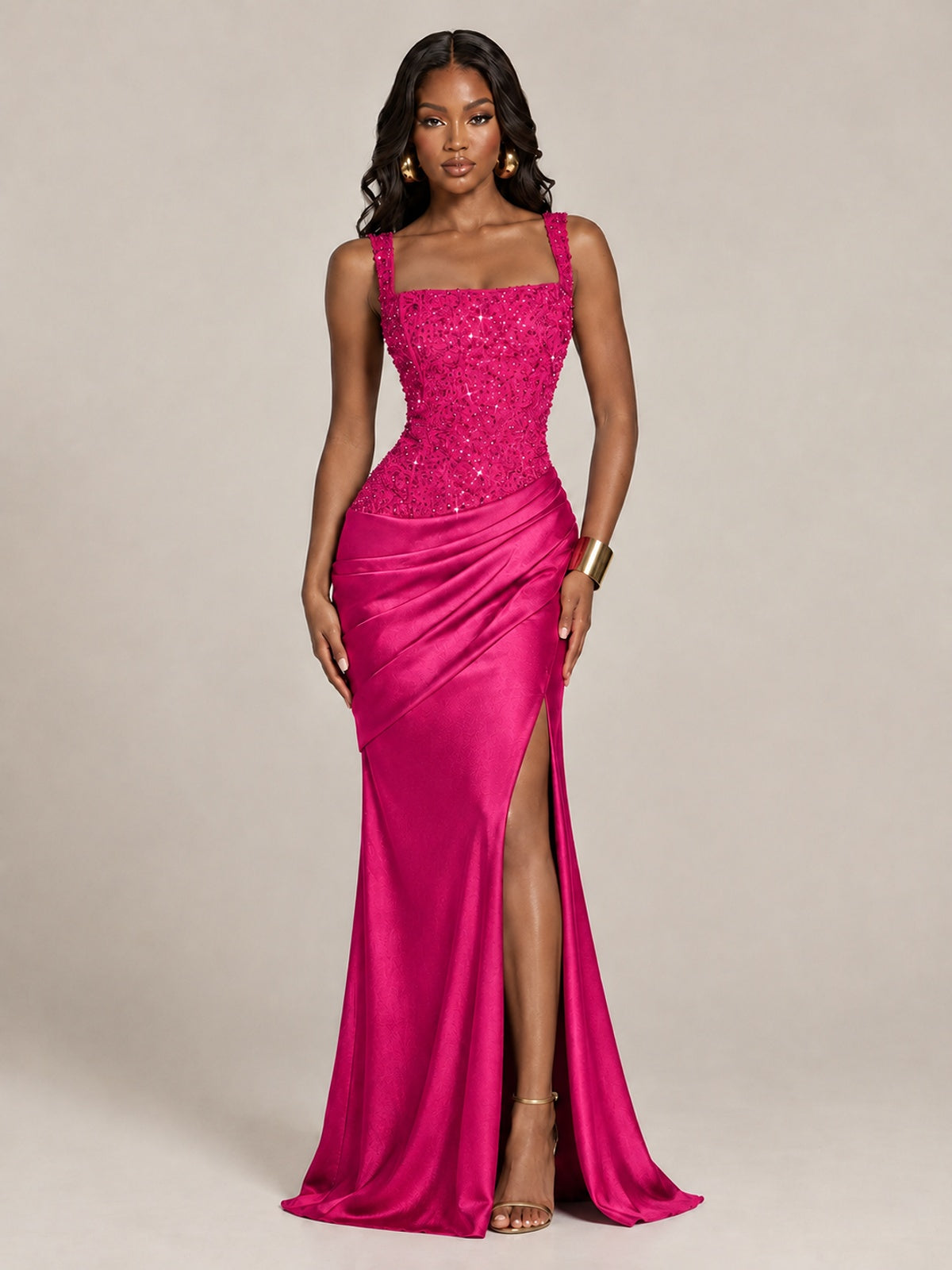 Scoop Neck Sequin Prom Dress with High Slit Satin Formal Gowns