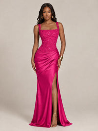 Scoop Neck Sequin Prom Dress with High Slit Satin Formal Gowns