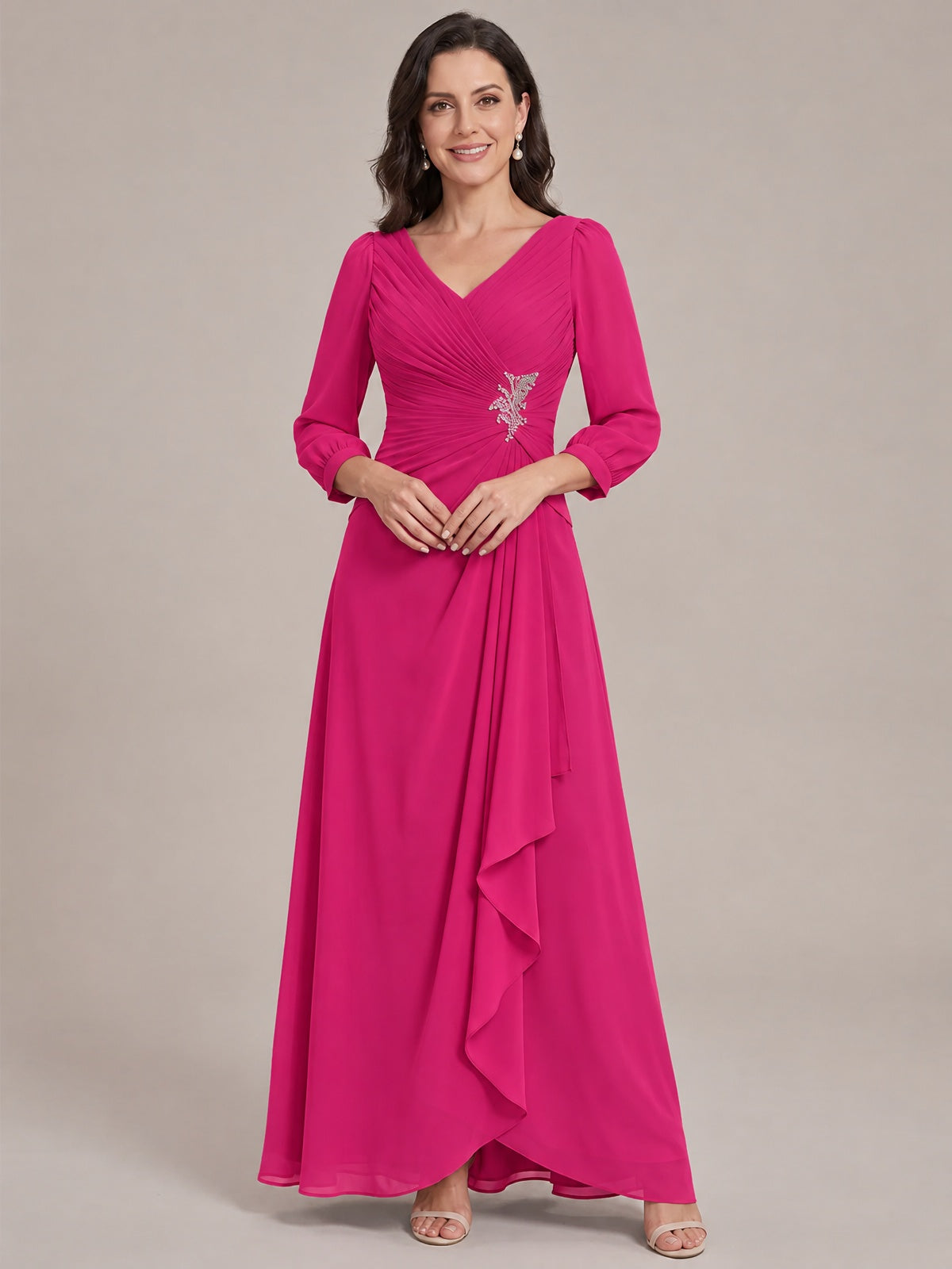 Hot Pink-Long Sleeve Chiffon Beaded Mother of The Bride Dresses for Women