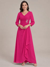 Hot Pink-Long Sleeve Chiffon Beaded Mother of The Bride Dresses for Women