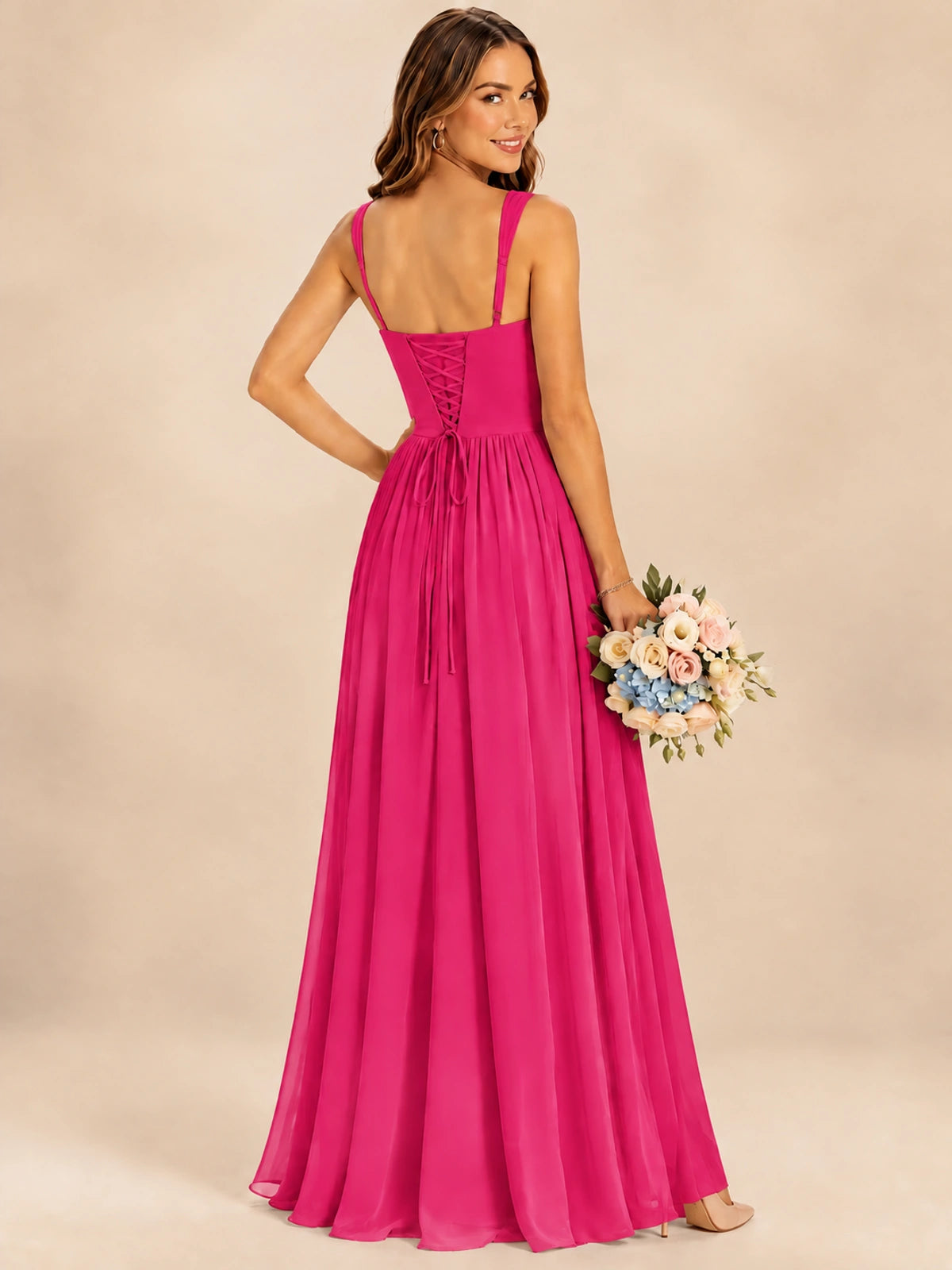 Spaghetti Straps Pleated Chiffon Bridesmaid Dress with Ruffle Slit