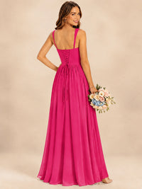 Spaghetti Straps Pleated Chiffon Bridesmaid Dress with Ruffle Slit