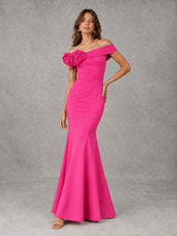 Blush Pink Off Shoulder Mermaid Bridesmaid Dress with Floral Rosette