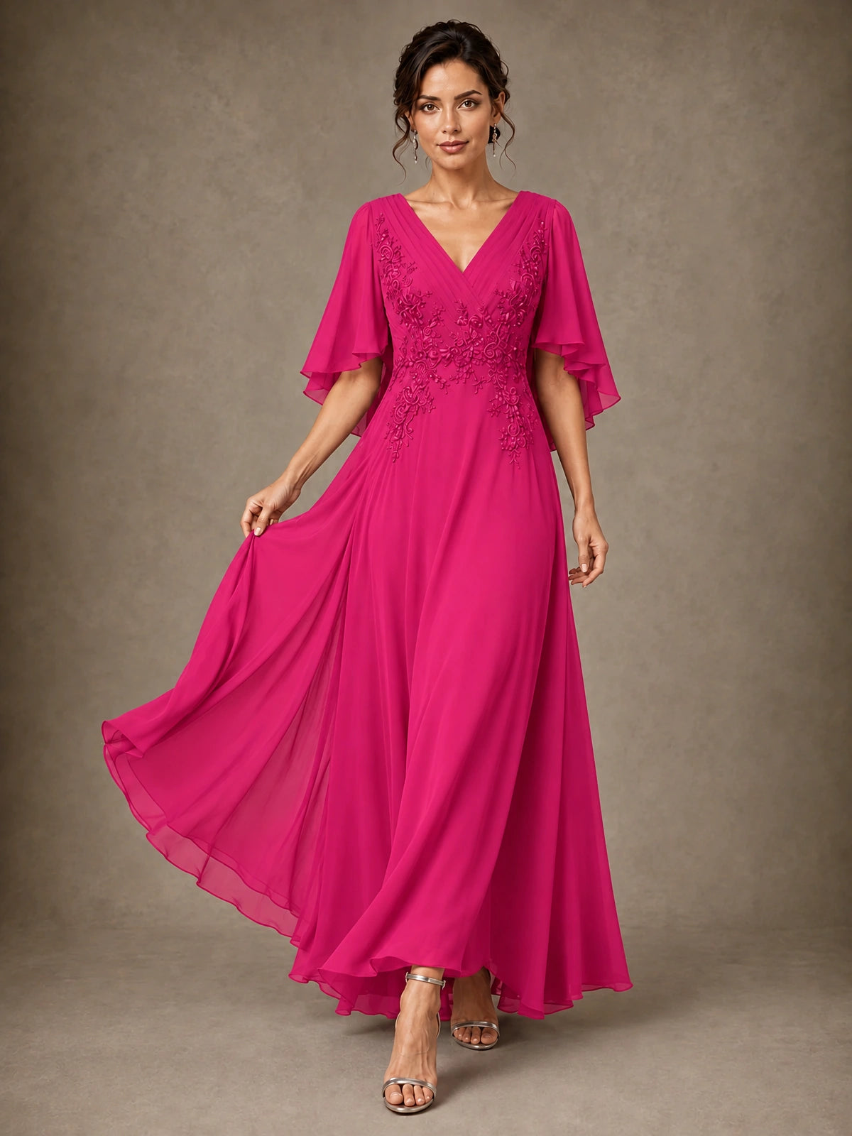 V-Neck Chiffon Lace Mother of the Bride Dress with Flutter Sleeves