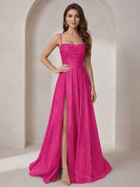 Hot Pink Sparkly Cowl Neck Corset Long Prom Dress with Slit A-line Tulle Ball Gown Formal Evning Party Dress