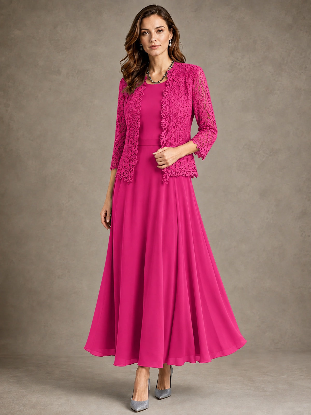 2-Piece Chiffon Mother of the Bride Dress with Lace Jacket