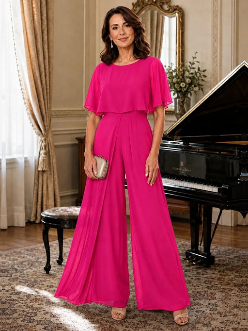 Chiffon Mother of the Bride Jumpsuit with Layered Cape Sleeves