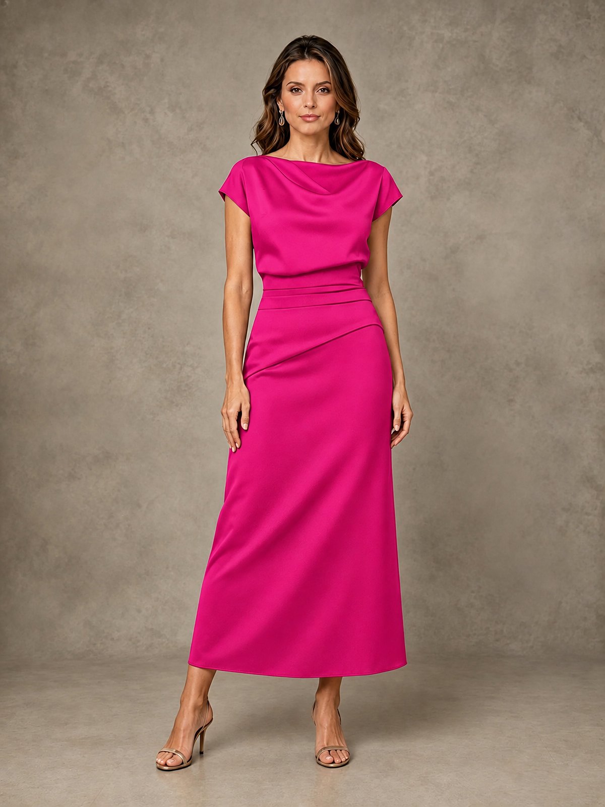 Cowl Neck Satin Mother of the Bride Dress with Ruched Waist