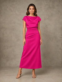 Cowl Neck Satin Mother of the Bride Dress with Ruched Waist
