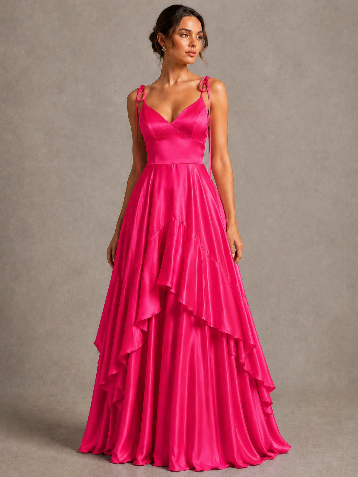 Lavender Satin V-Neck Ruffle Maxi Dress