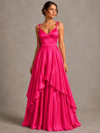 Lavender Satin V-Neck Ruffle Maxi Dress