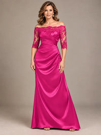 Satin Mother of the Bride Dress with Lace Sleeves Off Shoulder Formal Gown