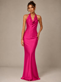 Olive Green Halter Satin Mermaid Maxi Dress