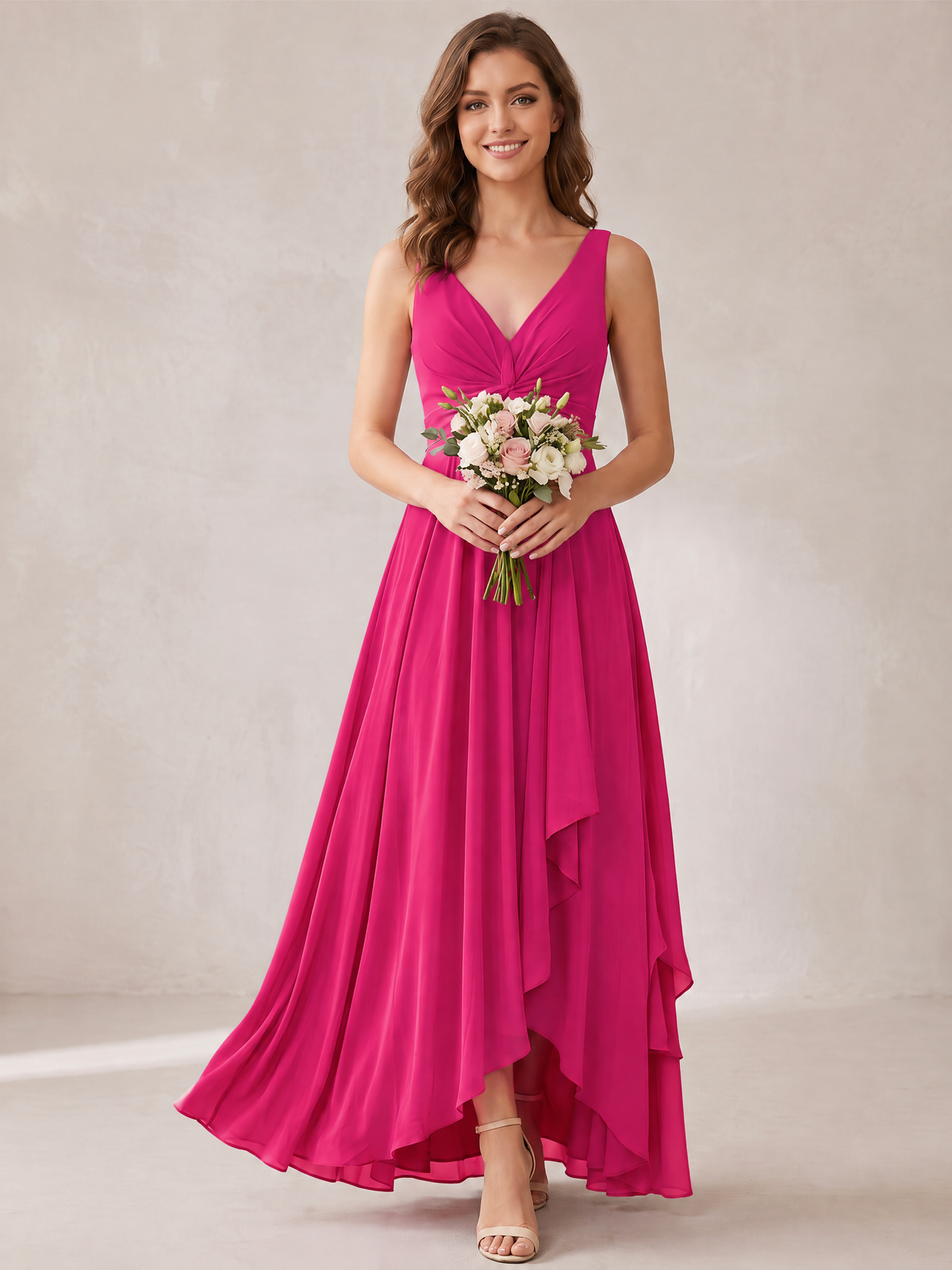 V-Neck High-Low Chiffon Bridesmaid Dress with Ruffles