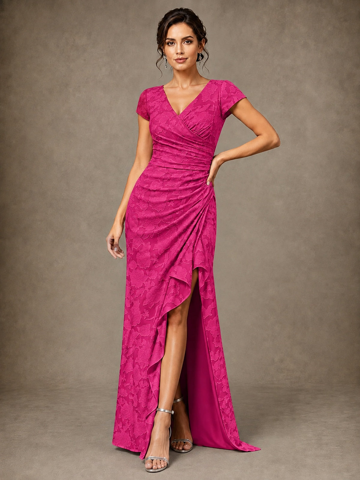 V-Neck Floral Jacquard Mother of the Bride Dress with Slit
