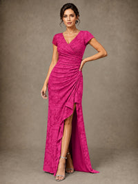 V-Neck Floral Jacquard Mother of the Bride Dress with Slit