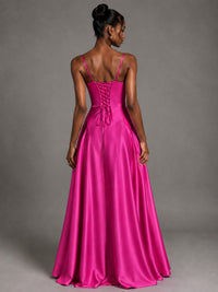 Lavender V Neck Satin Prom Dress with Spaghetti Straps