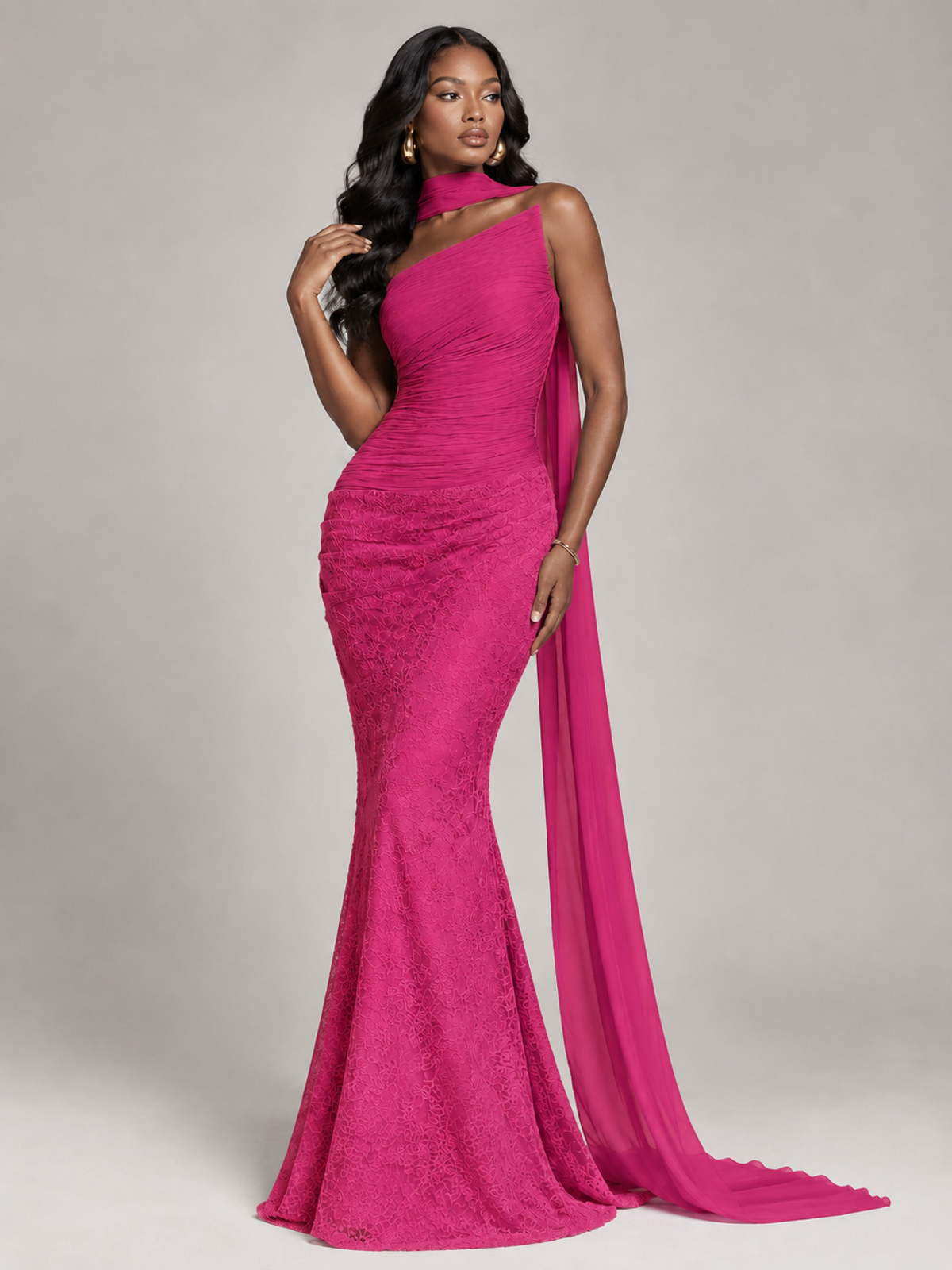 Pleated Chiffon Lace Prom Dresses Long Bodycon Mermaid with Scarf