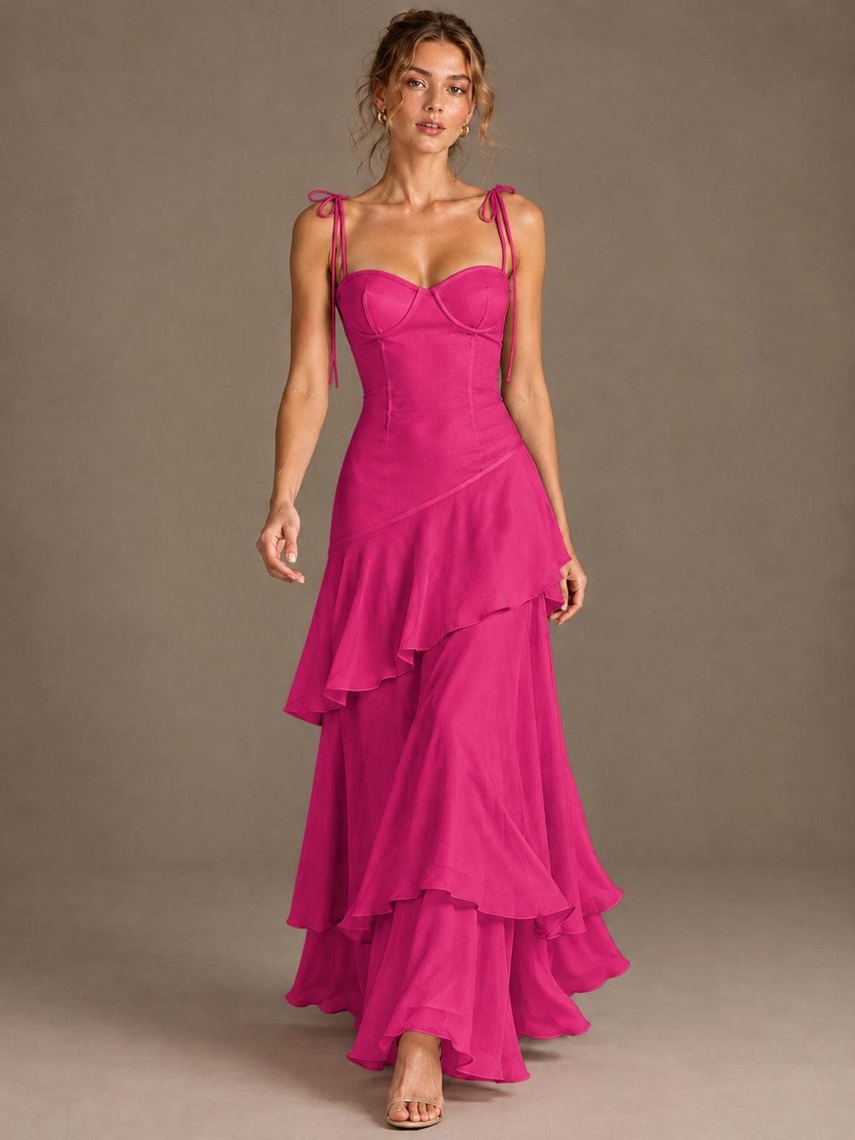 Spaghetti Strap Tiered Ruffles Chiffon Prom Dress