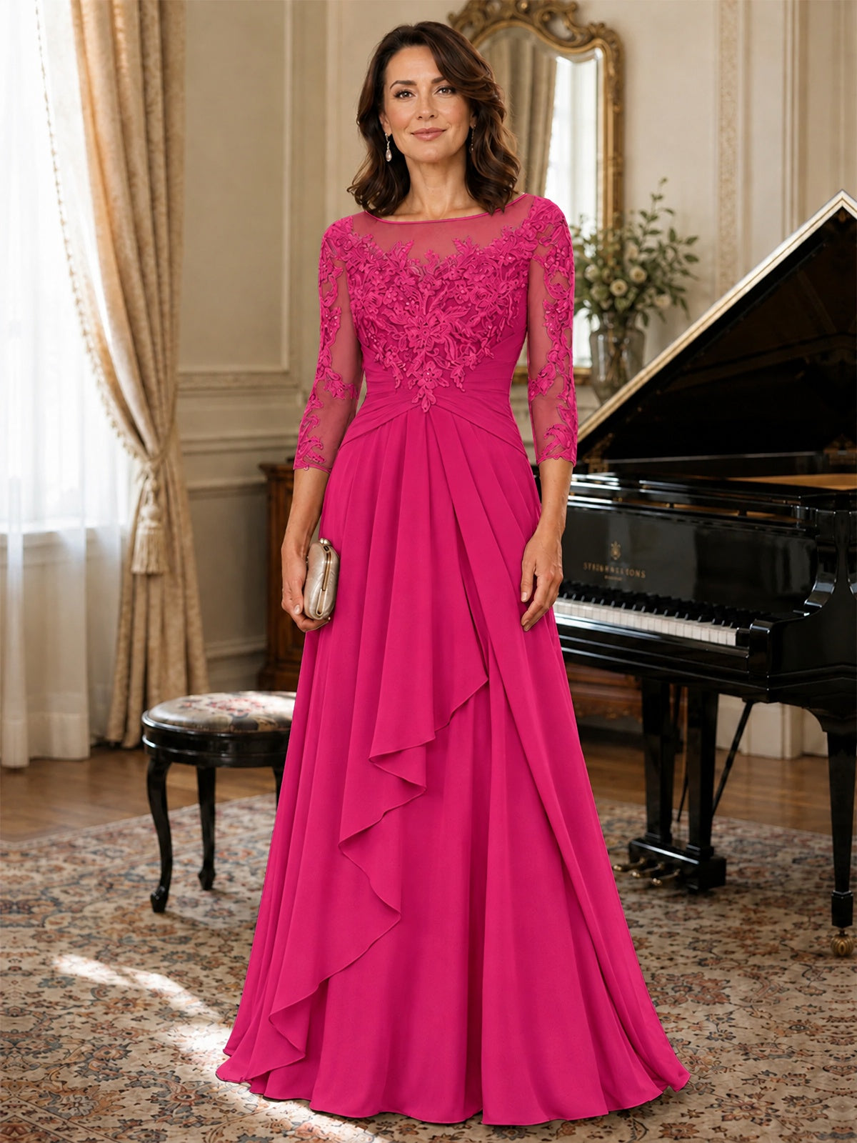 A-Line Chiffon Mother of the Bride Dress with Floral Applique 3/4 Sleeves