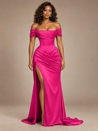 Burgundy Off-the-Shoulder Satin Corset Prom Dress with Slit