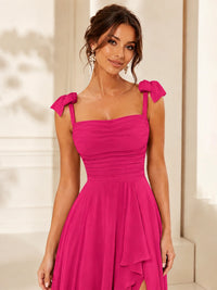 Ruffle Slit Chiffon A Line Scoop Neck Bridesmaid Dresses with Pockets